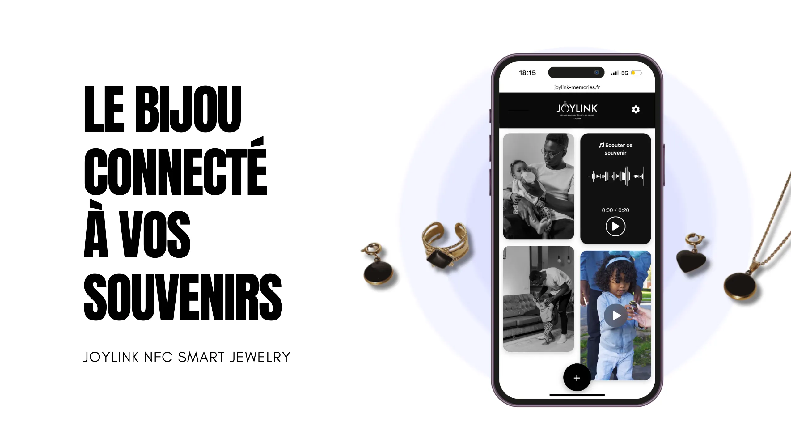 bannière Joylink avec des bijoux souvenirs connecté et un smartphone où apparait un espace personnel sécurisé Joylink