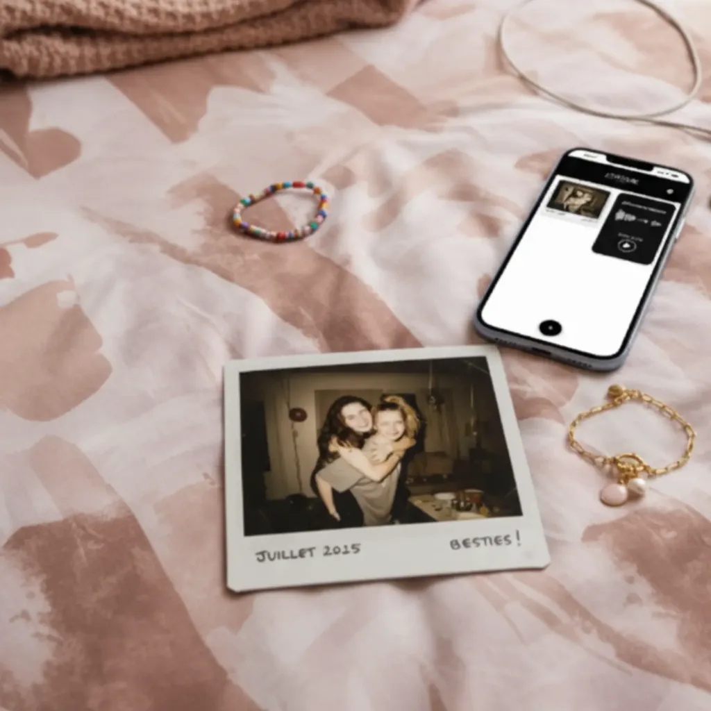photo souvenir d'ados posé sur un lit avec smartphone et un bijou souvenirs connecté Joylink