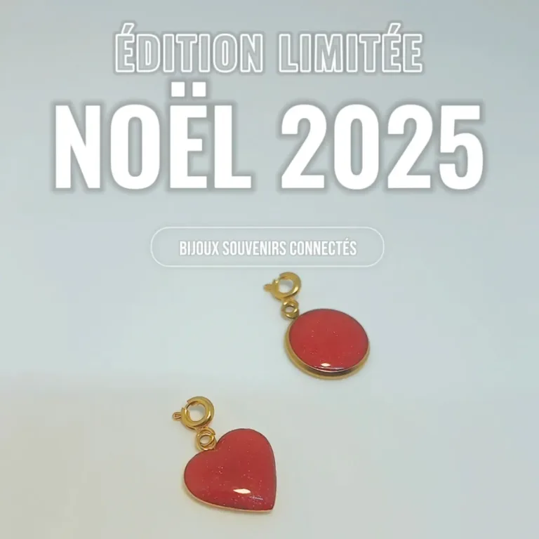 charm amovible coeur en acier inoxydable doré et résine rouge pailleté avec puce NFC