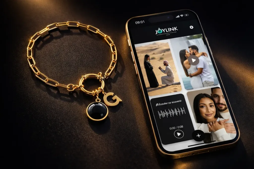 Bijou souvenir connecté Joylink scanné avec un smartphone pour accéder à des souvenirs numériques vs collier ia