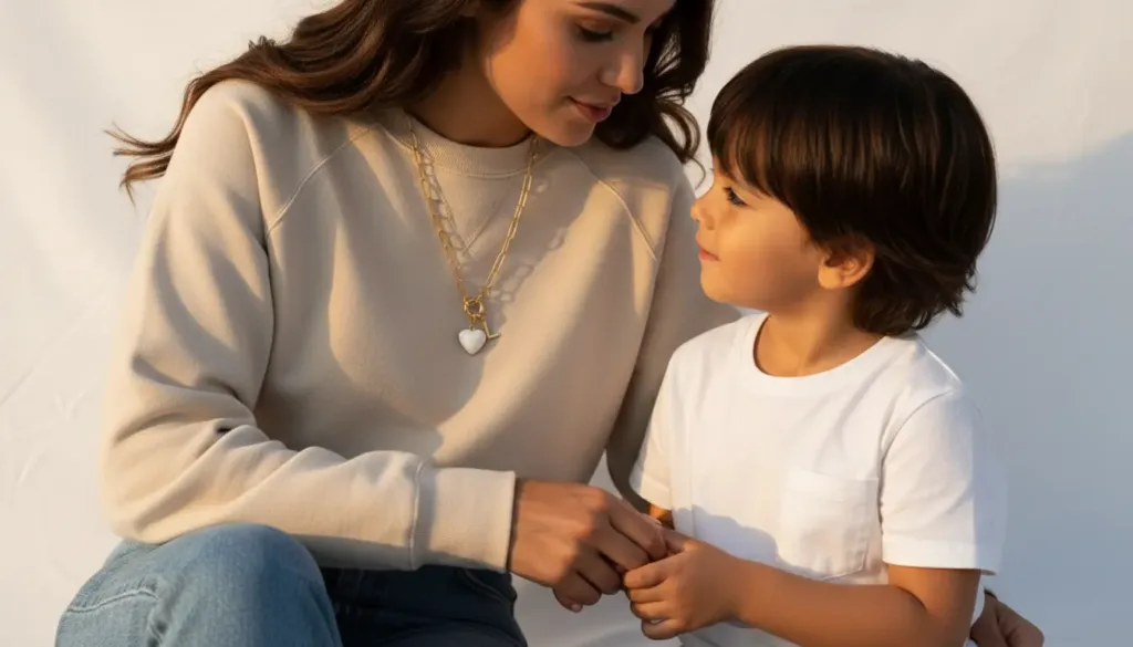 mère de famille qui porte un collier connecté NFC Joylink et qui tient la main de son fils. Le bijou suggère Joylink comme idée cadeau fête des mères
