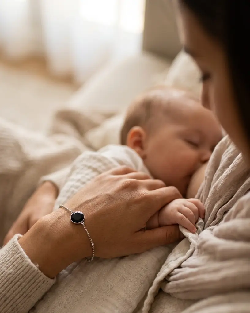 maman qui allaite son bébé et porte un bracelet souvenir connecté Joylink
