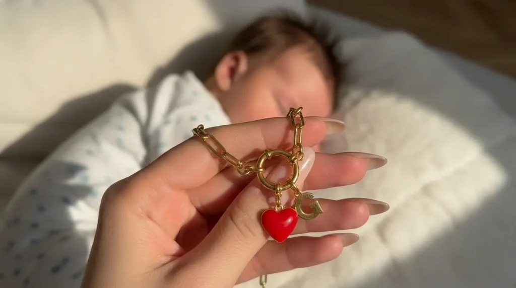 Main de femme qui tient un bijou souvenir connecté Joylink avec un charm coeur rouge et une initiale G, dans lequel sont conservés des souvenirs de naissance du bébé en arrière plan