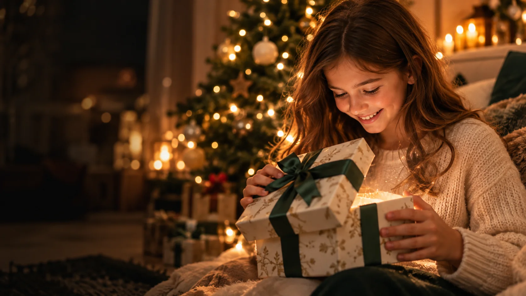 Illustration d'une enfant ouvrant un cadeau de Noël près du sapin
