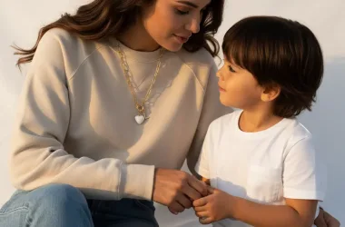 mère de famille qui porte un collier connecté NFC Joylink et qui tient la main de son fils. Le bijou suggère Joylink comme idée cadeau fête des mères