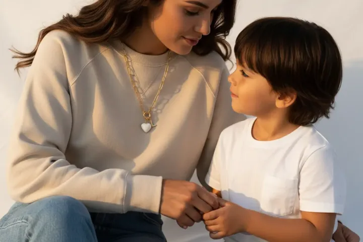 mère de famille qui porte un collier connecté NFC Joylink et qui tient la main de son fils. Le bijou suggère Joylink comme idée cadeau fête des mères