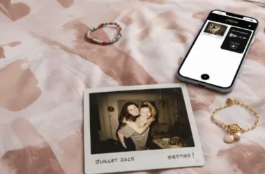 photo souvenir d'ados posé sur un lit avec smartphone et un bijou souvenirs connecté Joylink