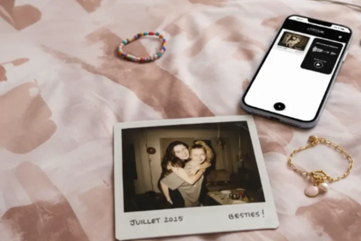 photo souvenir d'ados posé sur un lit avec smartphone et un bijou souvenirs connecté Joylink